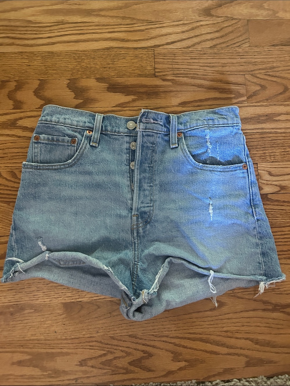 Levi's Light Blue Distressed High-Rise Denim Shorts